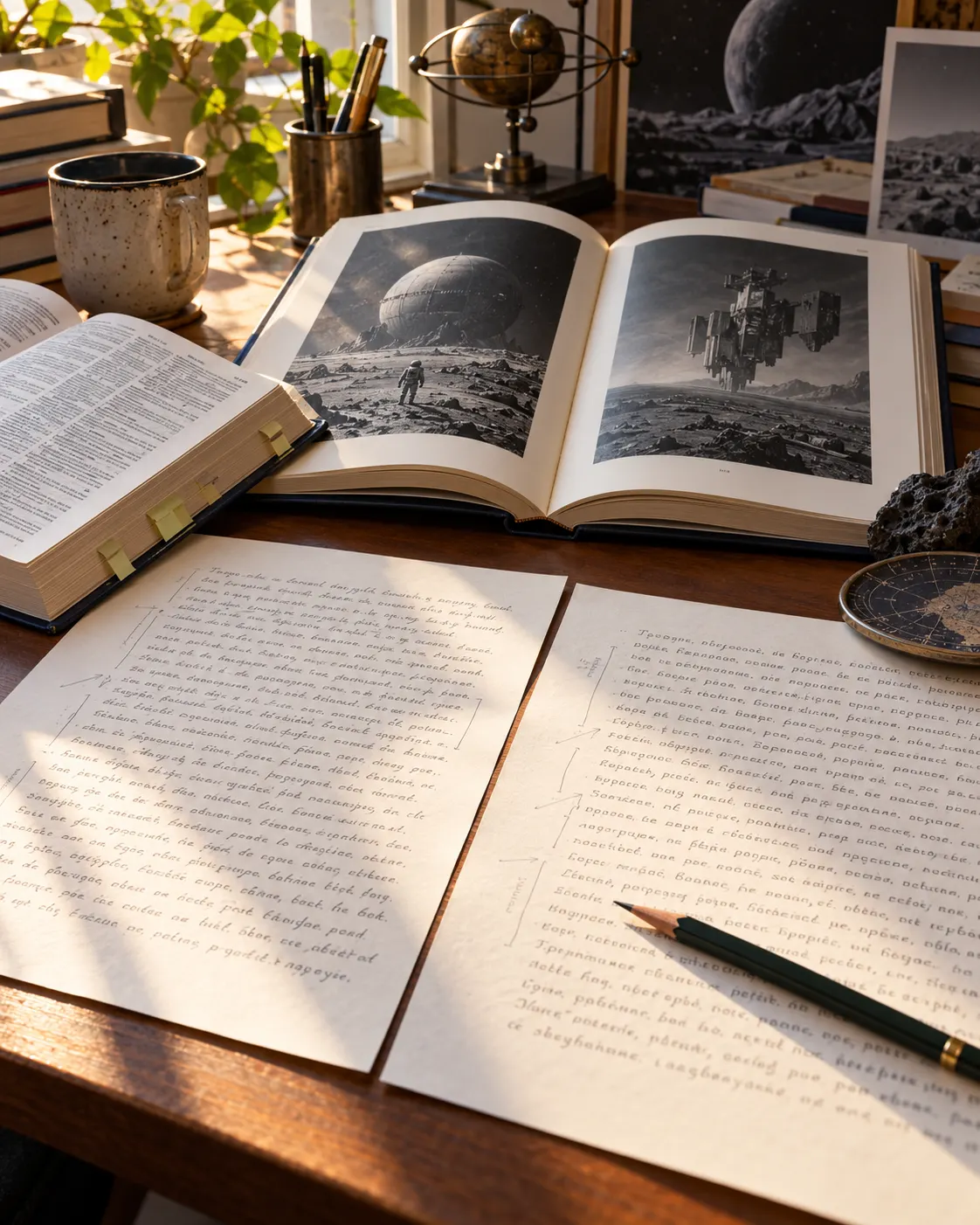 AI-generated translation desk with generic book pages and parallel manuscript sheets, evoking translation across languages.