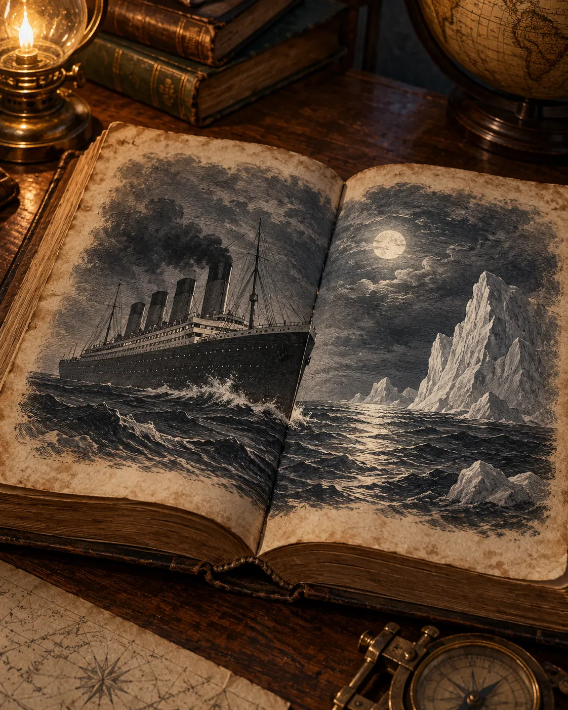 original AI-generated editorial illustration: an aged open book depicting a fictional ocean liner and iceberg under moonlight. It is symbolic, not a photograph, archival image, or documentary depiction of the Titanic or a specific event. Generated for this package; no external creator or reuse license applies. Prompt: “Create an original editorial illustration for a historical fact-check about Morgan Robertson's 1898 novel Futility and the fictional steamship Titan. Show a weathered open late-19th-century book on a wooden desk, its pages suggesting a shadowy black-and-white ocean liner and an iceberg on a moonlit North Atlantic, purely symbolic, no readable text, no real Titanic photograph or documentary look, no named real ship markings. Elegant restrained archival engraving mixed with painterly atmosphere, portrait 4:5 composition.”