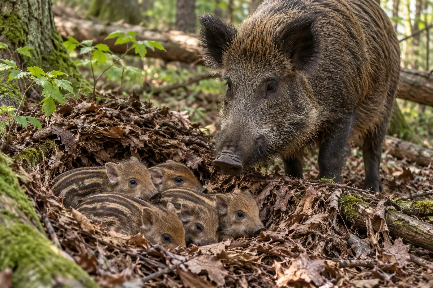 AI-generated scene of a sow beside striped newborn piglets tucked into a leafy nest.