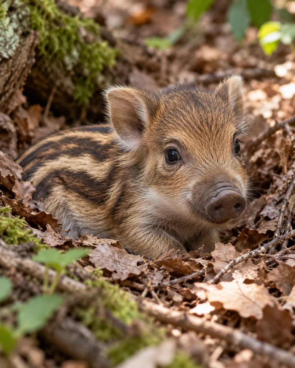 Титульна AI-згенерована ілюстрація / AI-generated cover illustration. Newborn striped wild boar piglet in a leafy nest, eyes open.