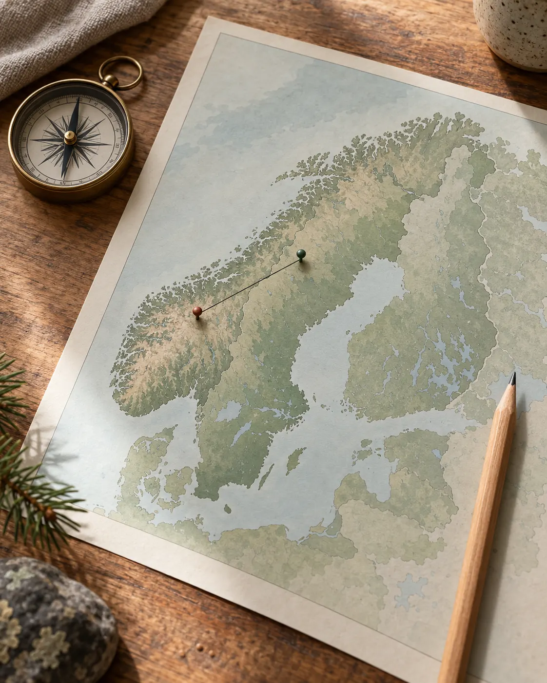AI-generated decorative Nordic map with two pins to suggest cross-border institutions; not a cartographically accurate locator map and not used to establish city positions. Prompt: “Photorealistic vertical 4:5 editorial still life of a simple unlabeled Nordic map on a wooden desk, two pins in Sweden and Norway connected by a thin line, a compass and pencil nearby. The map is decorative and not intended as an accurate navigational map; no place names, borders, readable text, logos or flags. Soft neutral museum-light style.” Generated 19 October 2026.
