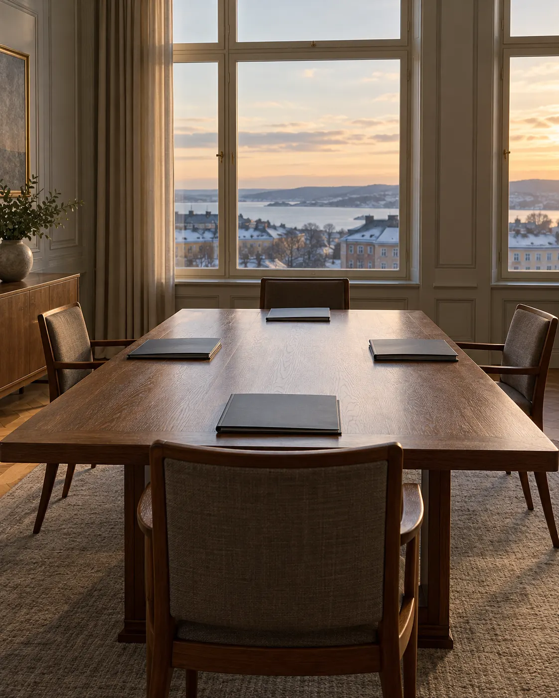 AI-generated fictional meeting room with five chairs and blank folders, illustrating the size of the Norwegian Nobel Committee; not a photograph of its actual chamber. Prompt: “Photorealistic vertical 4:5 editorial scene about the Norwegian Nobel Committee: an empty formal meeting room with five simple chairs around a wooden table, large windows facing Oslo rooftops, a few closed blank folders neatly placed. Generic fictional room, not the real committee chamber. No recognizable buildings, no people, no readable text, no logos, flags or awards.” Generated 19 October 2026.