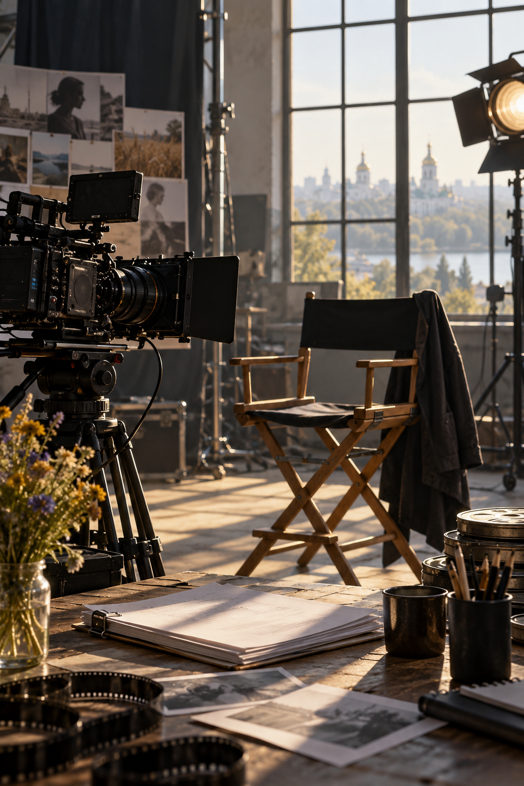 symbolic editorial reconstruction of quiet film set with camera and director chair; it is not an archival photograph or a film frame.