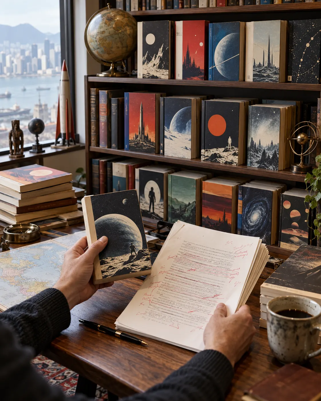 AI-generated still life of fictional international science-fiction editions alongside a marked manuscript, evoking the book’s reach and Lem’s later criticism.