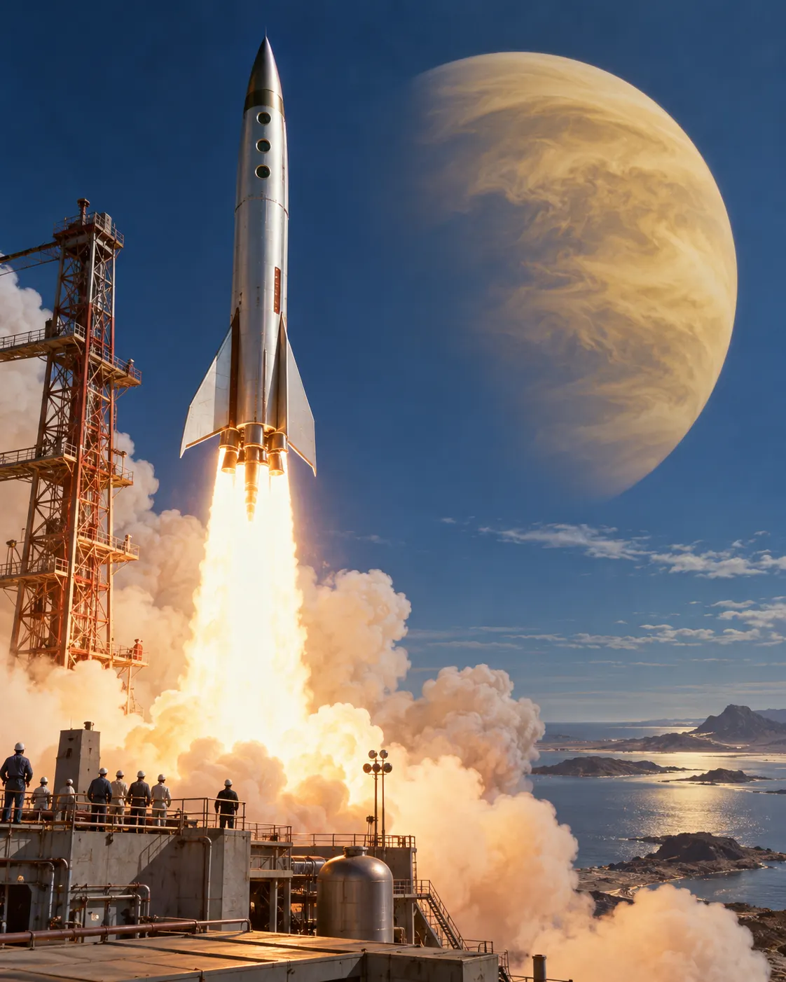 AI-generated period-style conceptual illustration of a crewed rocket launching toward Venus, evoking the novel’s early space-age setting.