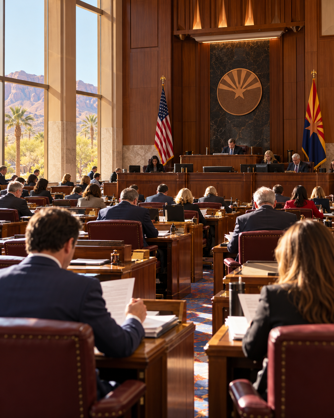 Титульна AI-згенерована ілюстрація / AI-generated cover illustration. A symbolic Arizona legislative session with lawmakers reviewing documents, representing the 2019 statutory change.