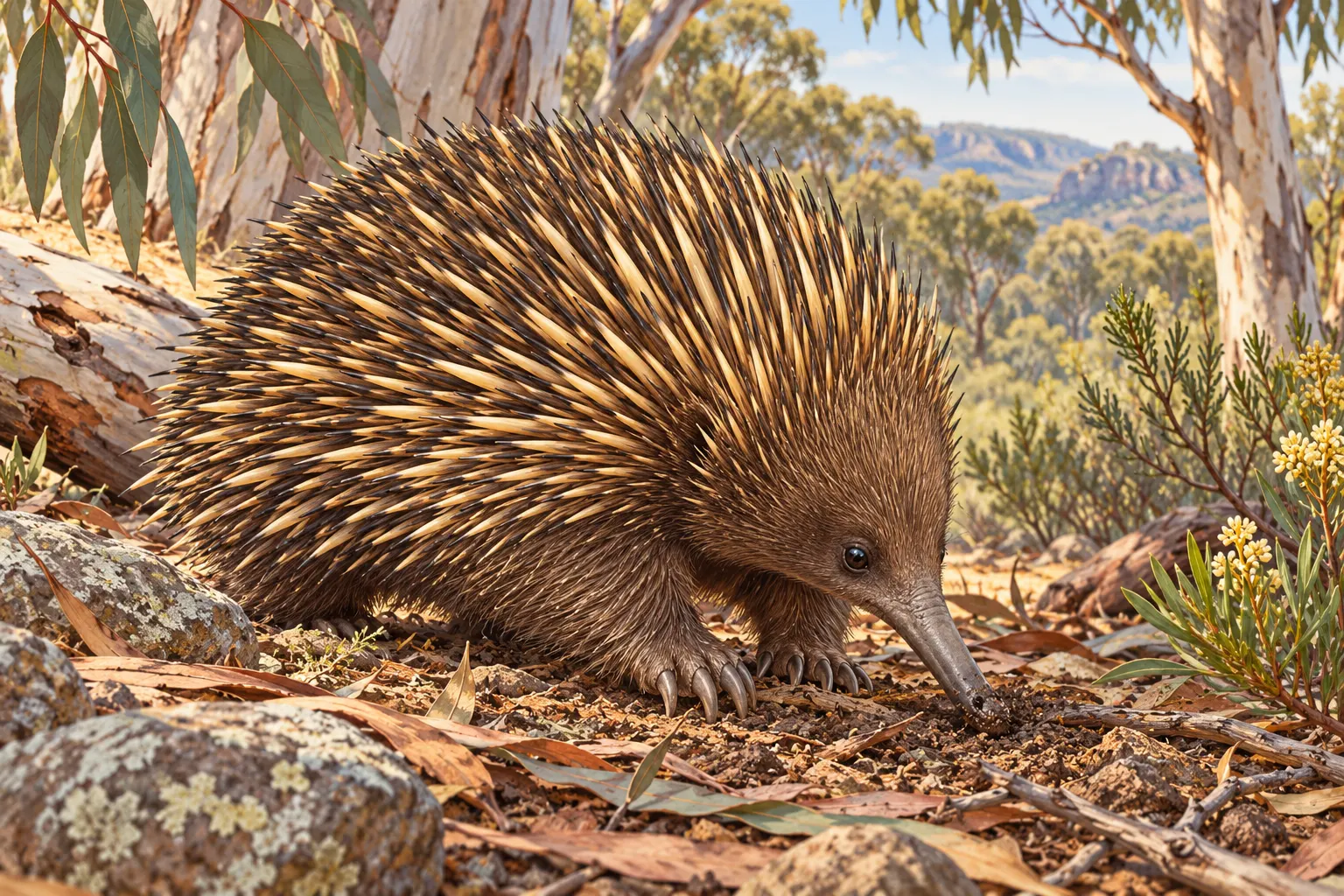 Conceptual editorial illustration of an echidna in Australian bushland; AI-generated, not documentary photography.