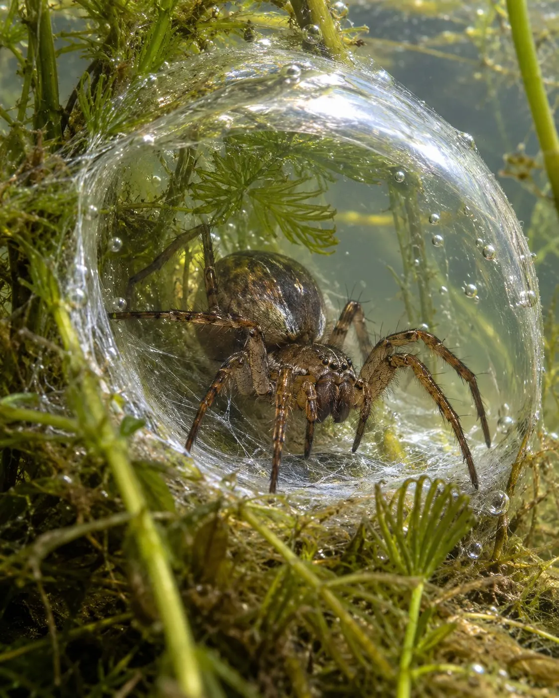Титульна AI-згенерована ілюстрація / AI-generated cover illustration. Diving bell spider inside its silk-supported air chamber beneath freshwater plants.