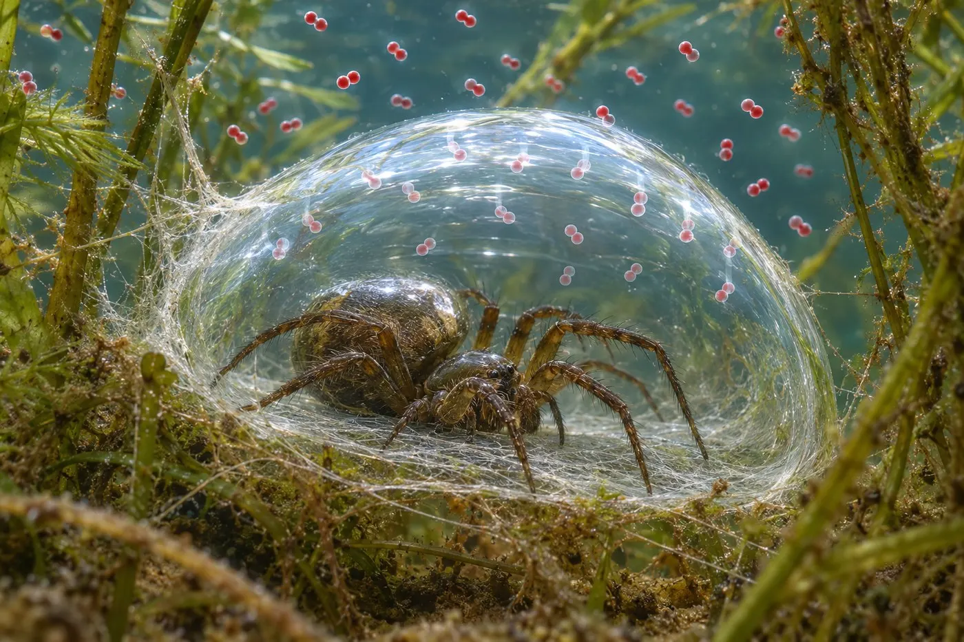 AI-generated educational view of a spider in its air bell with a conceptual oxygen-diffusion overlay.