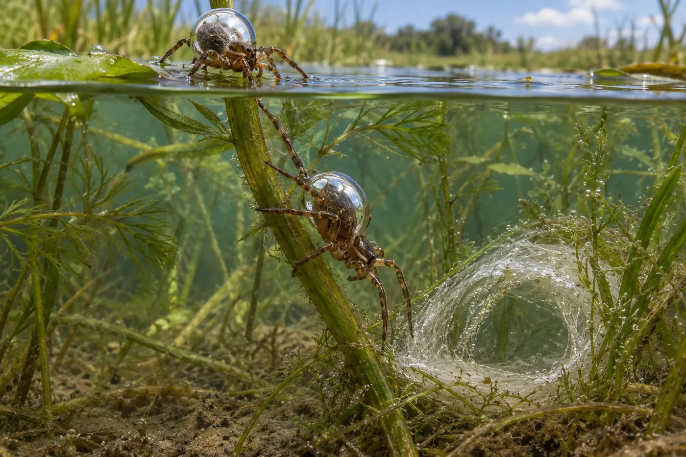 AI-generated composite view of air-bubble collection at the surface and a spider descending among plants toward its bell.