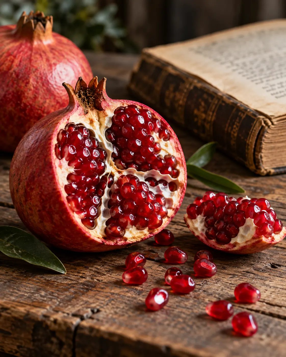 AI-generated close view of a cut pomegranate and its edible seeds.