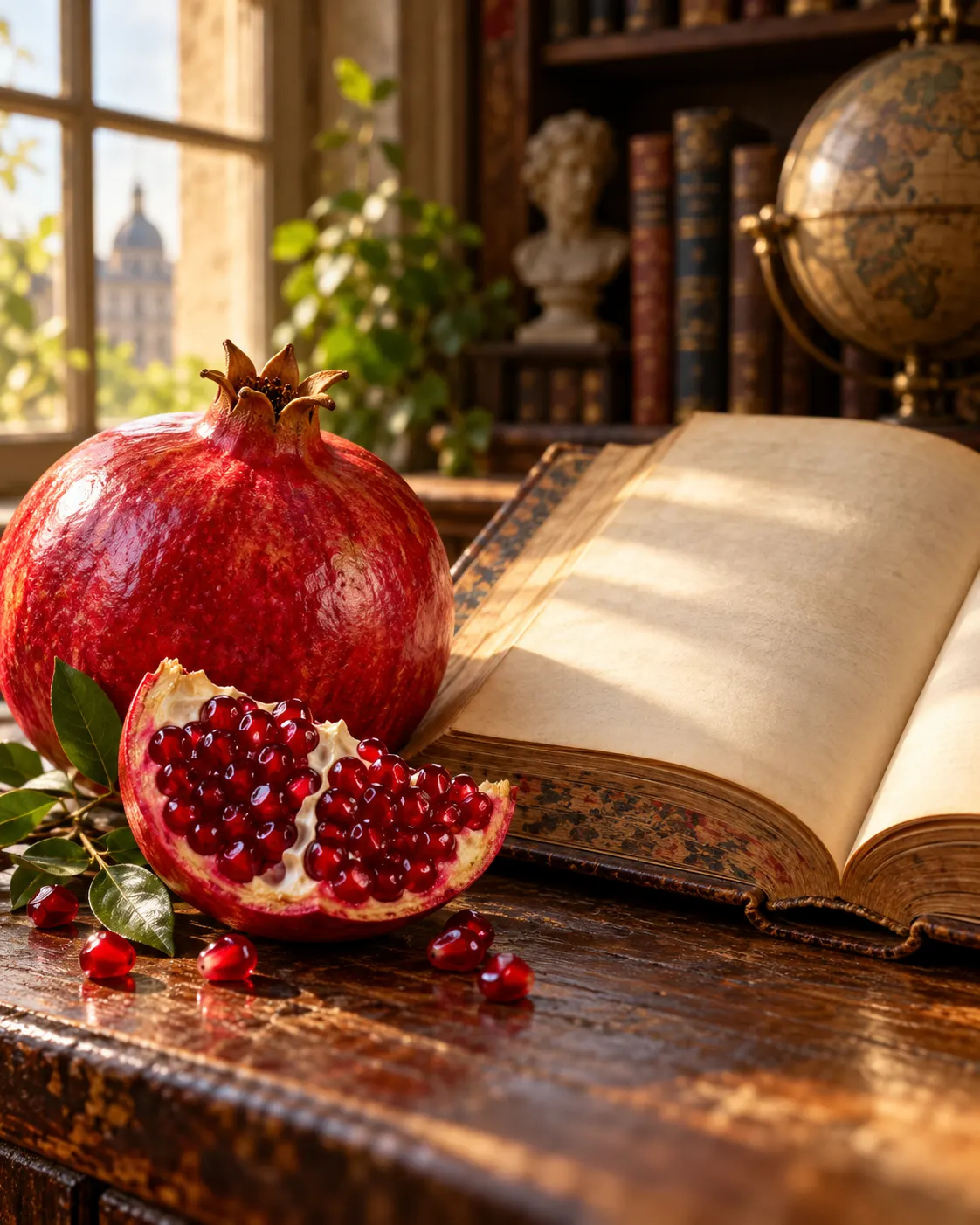 Титульна AI-згенерована ілюстрація / AI-generated cover illustration. A ripe whole and cut pomegranate beside an old open French dictionary.