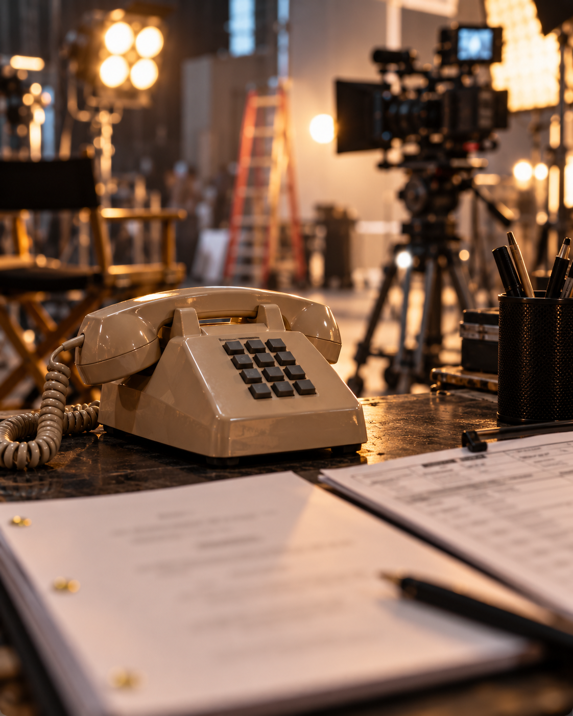 AI-generated symbolic still-life about fictional telephone numbers used in entertainment; no actual screenplay or subscriber number is visible.