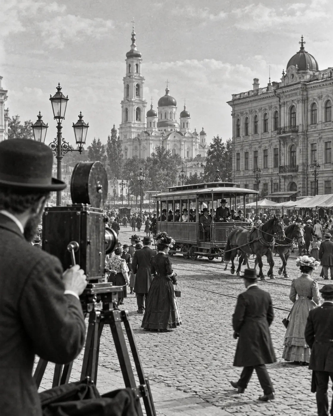 AI-generated symbolic reconstruction of a late nineteenth-century Kharkiv street being filmed; it is not an archival frame or a verified location depiction.