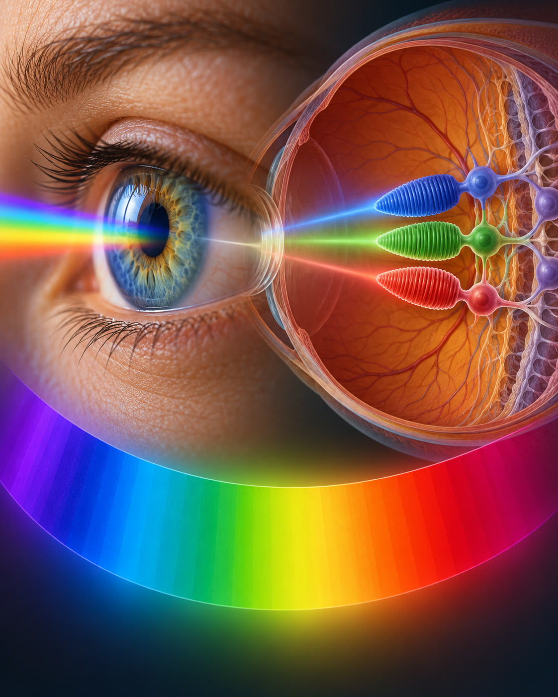AI-generated conceptual illustration of the eye and color vision; no exact color count is represented. Generated 2026-10-29. Prompt: “Vertical 4:5 editorial science illustration about human color vision: close-up human eye with a subtle prismatic spectrum and three stylized cone photoreceptors in retina, surrounded by a range of color swatches blending continuously. Clean educational textbook style, scientifically tasteful. No text, numbers, labels, or exact color count.”
