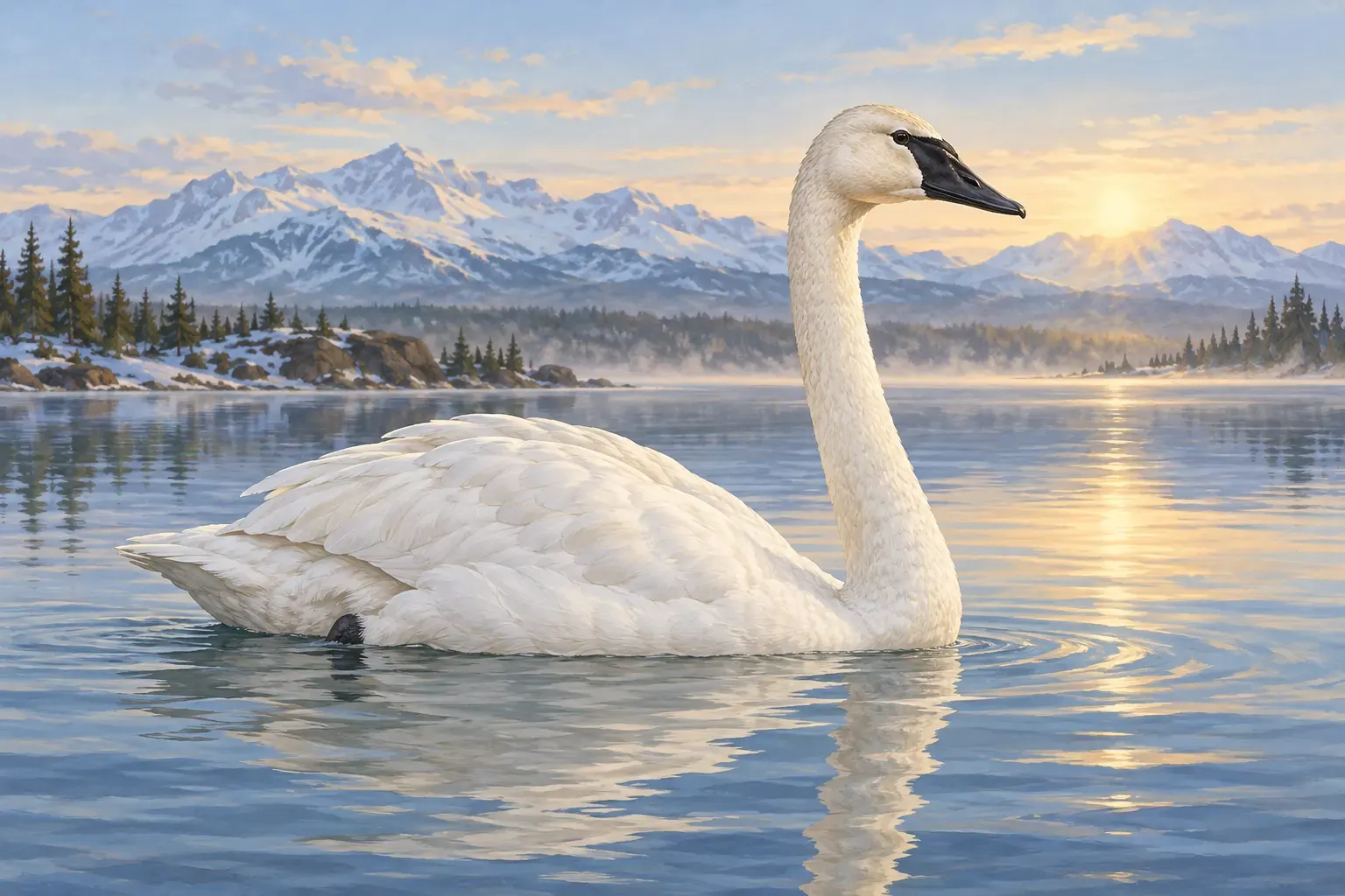 original AI-generated natural-history illustration of a Tundra Swan on a northern lake. Created 2026-10-13 with the image-generation tool from the prompt: “Create a natural-history editorial illustration of a tundra swan floating on a calm northern lake in soft morning light, with clean realistic plumage and a long neck. The subject is an illustrative swan, not an anatomical feather-count diagram; do not add numbers, annotations, or imply that every swan has an exact feather count. Painterly yet scientifically plausible, field-guide aesthetic, clearly an illustration rather than a photograph, no text, no watermark, horizontal 3:2 composition.” Synthetic illustration; not documentary evidence or a depiction of the individual counted in the study. No third-party license or attribution applies.