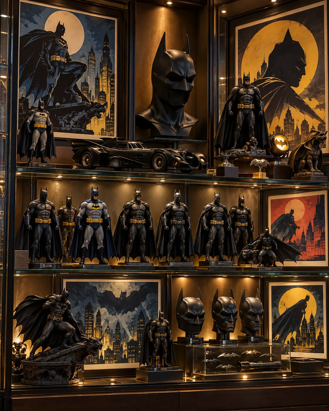 AI-generated cover: a fictional display of Batman memorabilia, including figures, posters, a cowl and a model car; not Brad Ladner’s collection. Prompt: “Photorealistic vertical 4:5 editorial cover for a story about an extensive Batman memorabilia collection. A tasteful collector's display cabinet filled with assorted black-caped detective action figures, vintage comic-style posters with no readable text, and a small black superhero car model. Recognizable Batman-inspired cowl and yellow utility belts, but no brand logos, no legible lettering, no person, no claim this is Brad Ladner's actual collection. Museum-quality warm lighting.” Generated 20 October 2026.