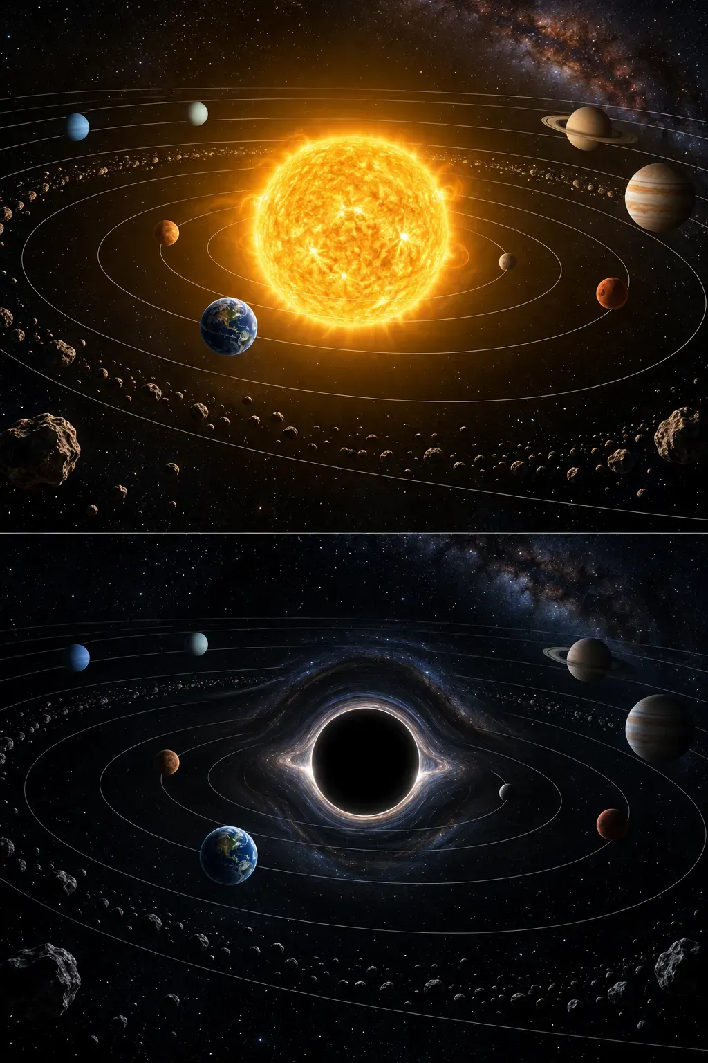 AI-generated conceptual comparison of an Earth-like orbit around a compact same-mass object. Not to scale and not a simulation.