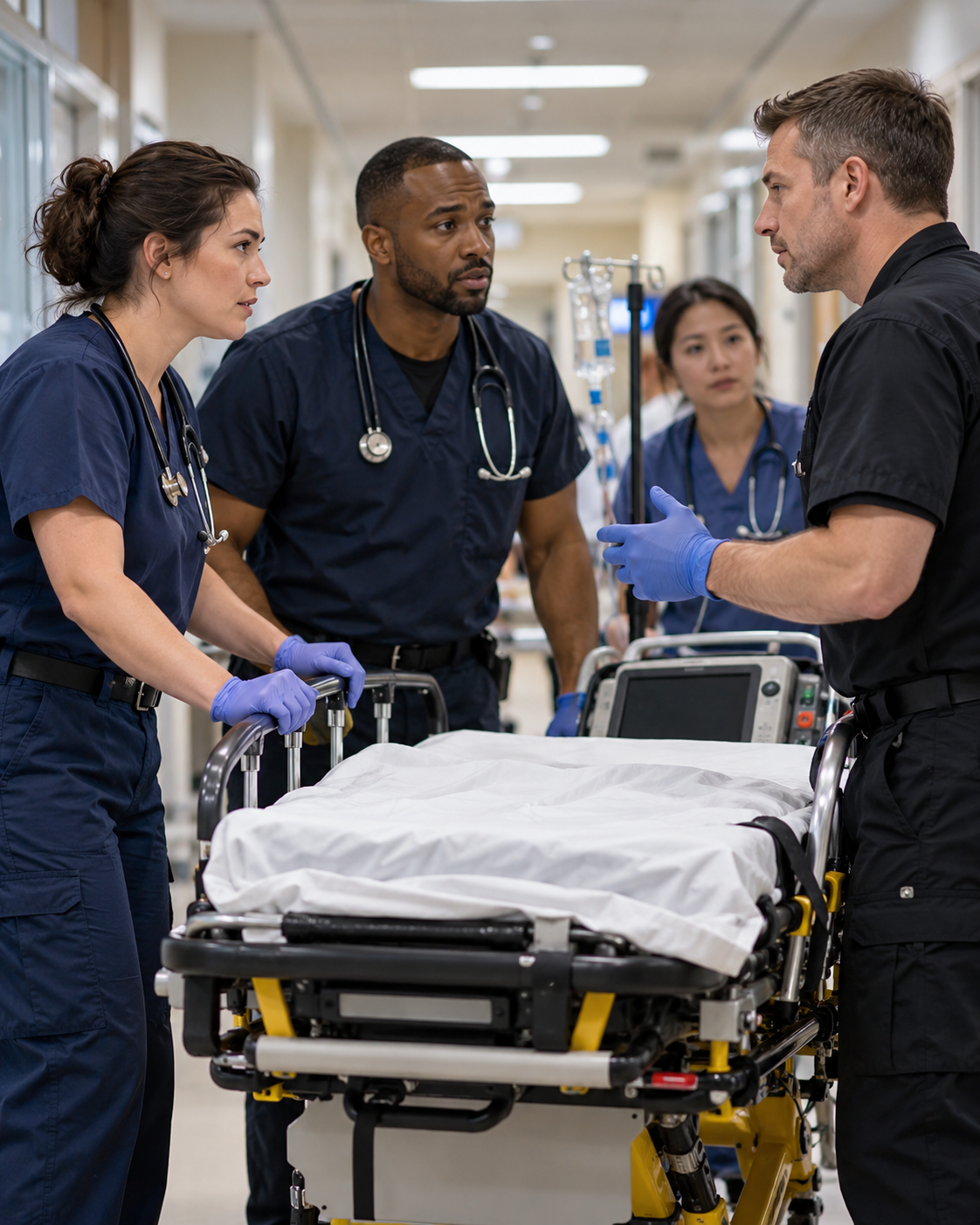 AI-generated with OpenAI image generation. Prompt: “Distinct non-graphic photorealistic editorial scene for an emergency medicine story. Emergency responders in a hospital hallway coordinate care beside a prepared stretcher, patients not visible, no blood, no weapons, no logos, no readable text. Respectful calm public-health documentary style, natural soft lighting, portrait 4:5.”