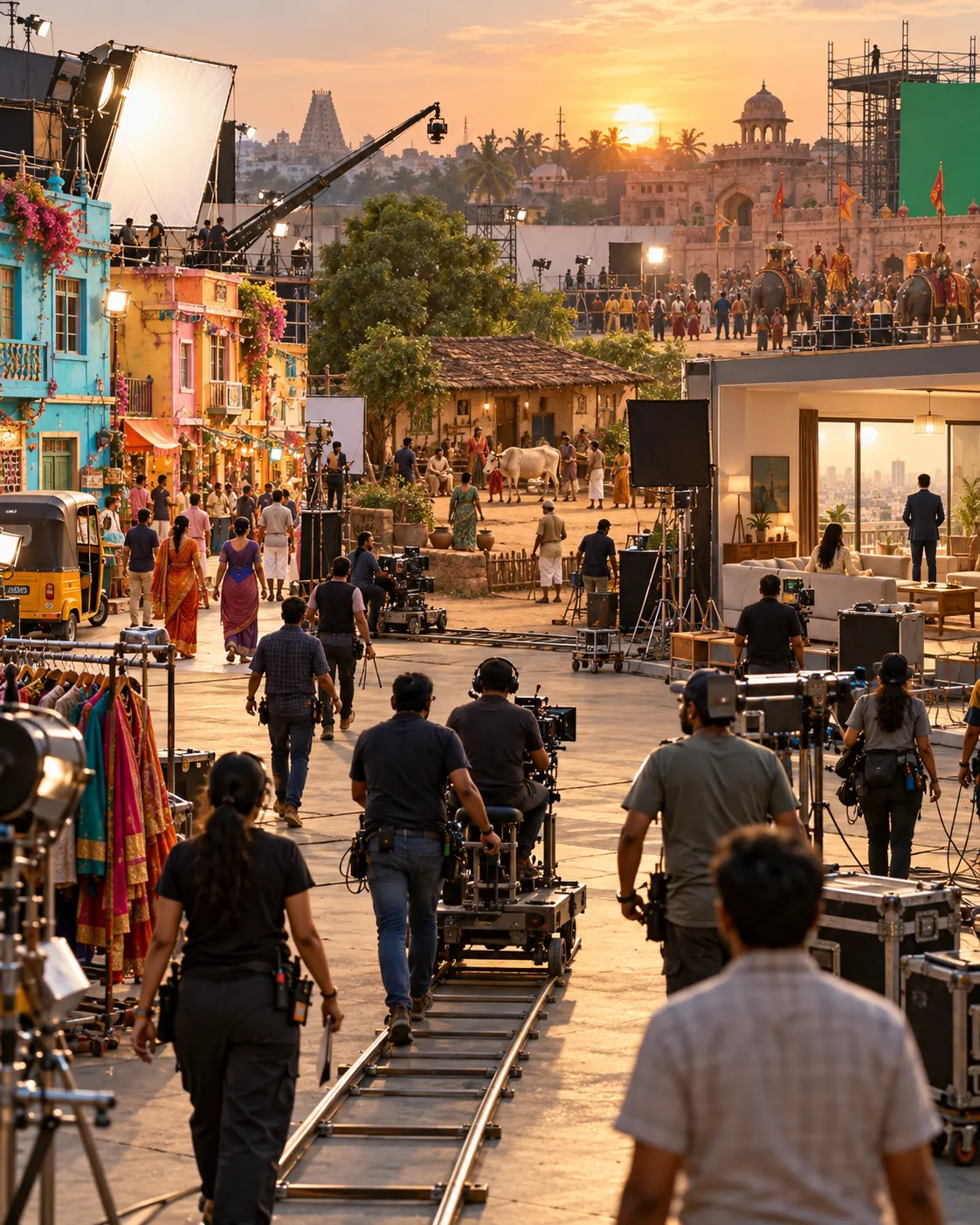 AI-generated illustrative film backlot with several sets; it represents the scale and variety of Indian cinema and does not document a particular production or region.