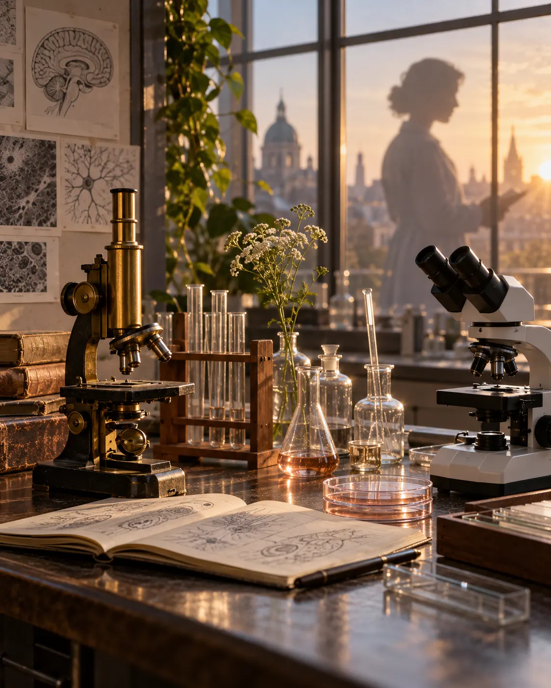 AI-generated cover: vintage and modern microscopes with laboratory glassware and a woman's silhouette reflected in a window. Generated 19 October 2026. Prompt: “Photorealistic vertical 4:5 editorial cover about women Nobel laureates in Physiology or Medicine across the 20th century. A thoughtful composition of a microscope, vintage glass laboratoryware, and a modern microscope on the same bench, with a soft silhouette of a woman scientist reflected in a window, warm respectful light. No real person, no readable text, no logos, no award medal.”