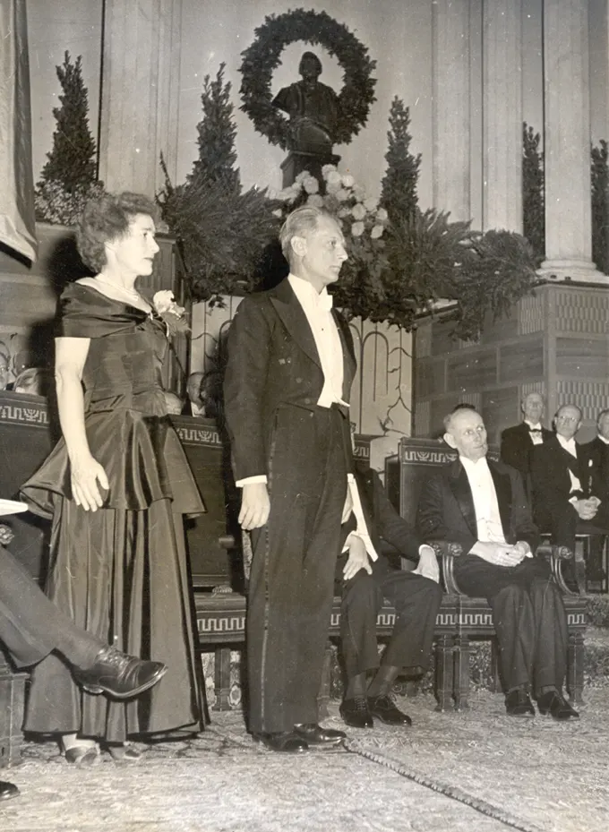 documentary photograph of Gerty and Carl Cori at the Nobel Prize presentation in Stockholm on 10 December 1947. Photographer unknown; source page points to Becker Medical Library's exhibit. [Wikimedia Commons file page](https://commons.wikimedia.org/wiki/File:Gerty_and_Carl_Cori_at_the_Nobel_Prize.jpg). Commons documents public-domain status in Sweden and the United States and notes jurisdiction caveats; no edits.