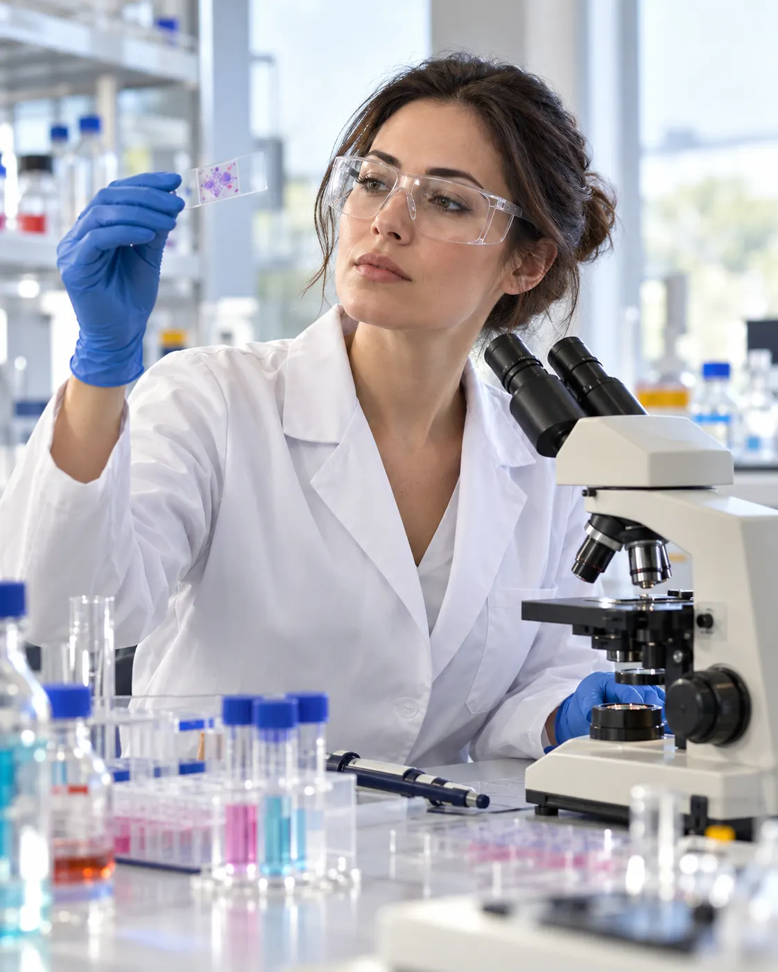 AI-generated contemporary biomedical researcher studying a microscope slide; generic fictional person, not Tu Youyou or any identified scientist. Generated 19 October 2026. Prompt: “Photorealistic vertical 4:5 editorial image of a contemporary woman biomedical researcher in a bright laboratory studying a microscope slide, modern instruments and glassware, confident focused expression, respectful scientific setting. Generic fictional person, not Tu Youyou or any identified scientist. No readable text, no logos, no awards.”
