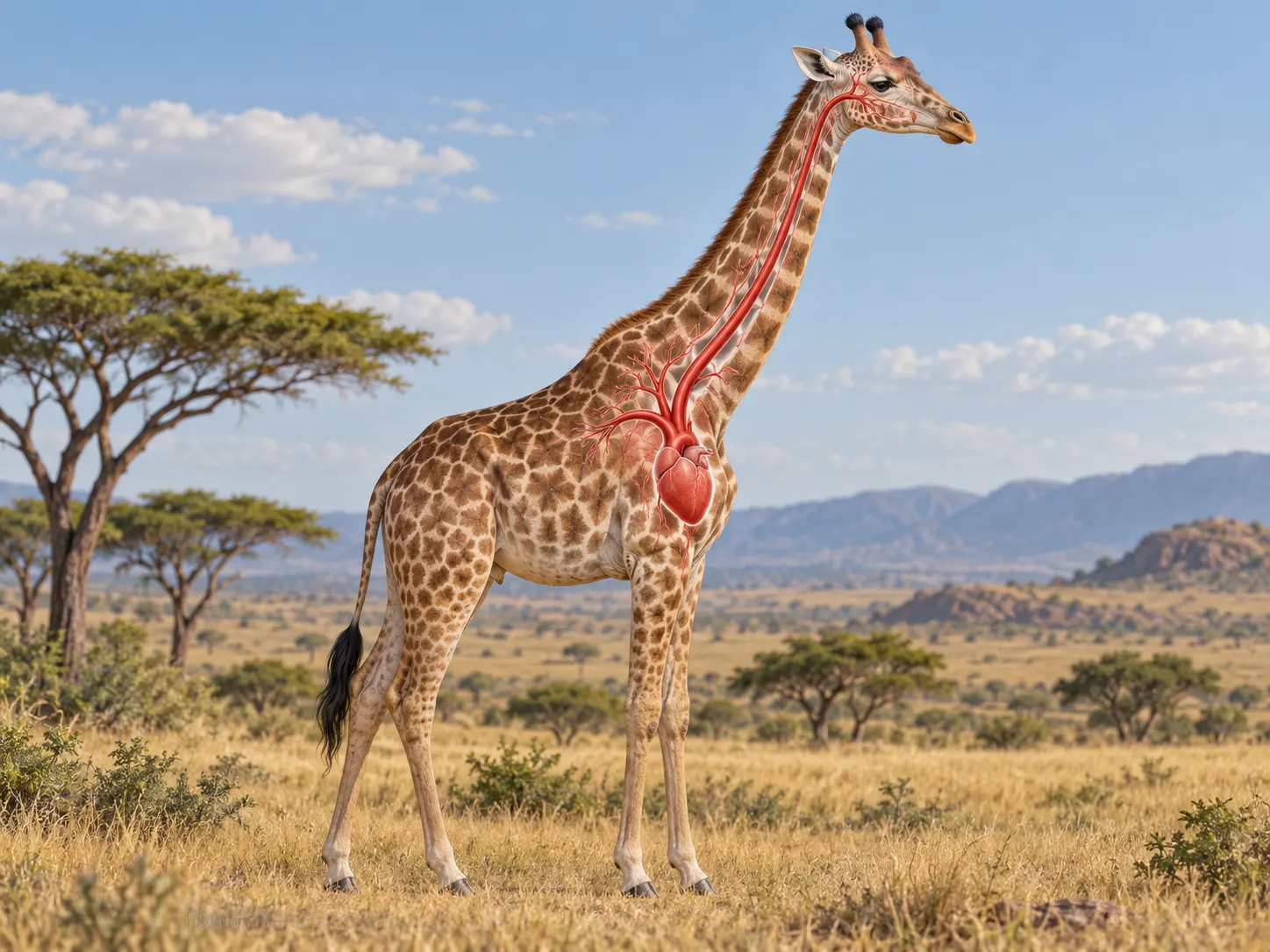 original AI-generated editorial illustration of a giraffe with a symbolic circulation line. Generated for this package on 2026-10-13. No external author, source URL, or third-party license applies; the project may reuse it. The graphic is illustrative, not physiological data or documentary evidence. Both language versions disclose its AI origin.