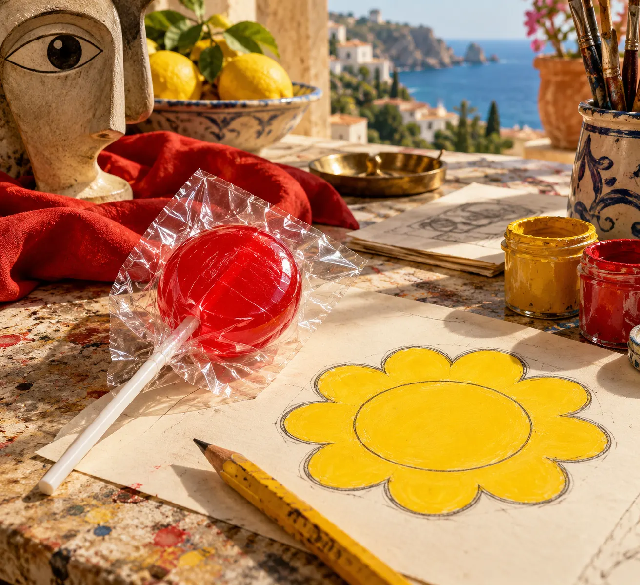 Титульна AI-згенерована ілюстрація / AI-generated cover illustration. Symbolic candy-brand design still life, unbranded lollipop and blank yellow flower emblem; not an actual Dalí sketch or documentary studio photo.