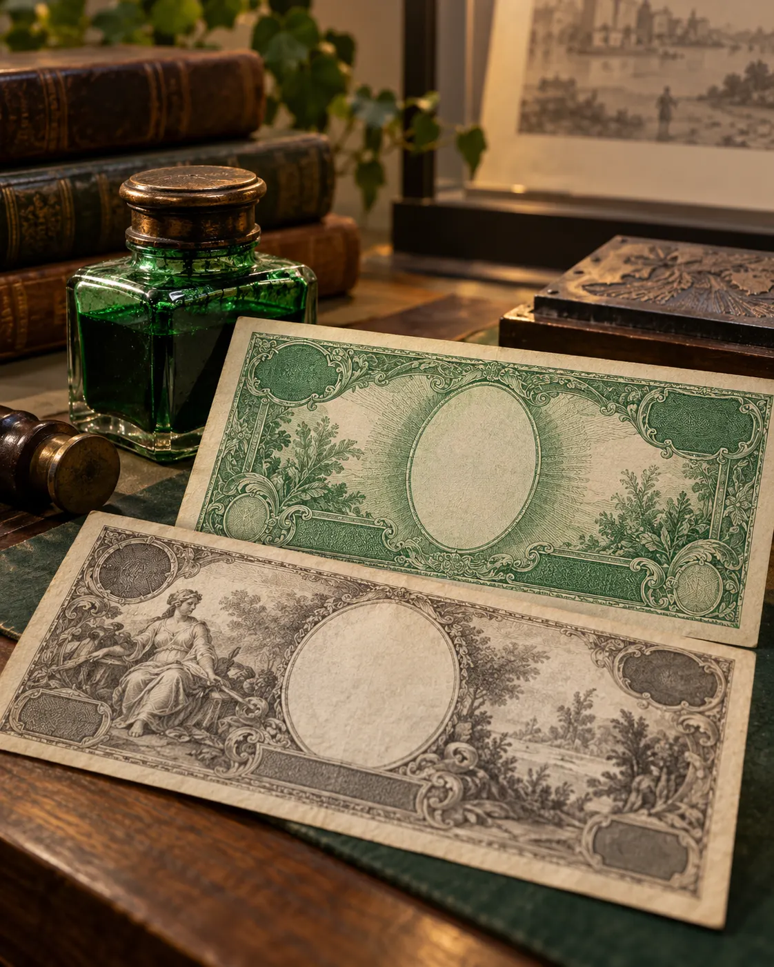 AI-generated symbolic comparison of generic green and monochrome historical-style notes with ink. It is not a reproduction of U.S. currency or evidence for the historical explanation. Generated with OpenAI image generation; no external source or reuse license applies.