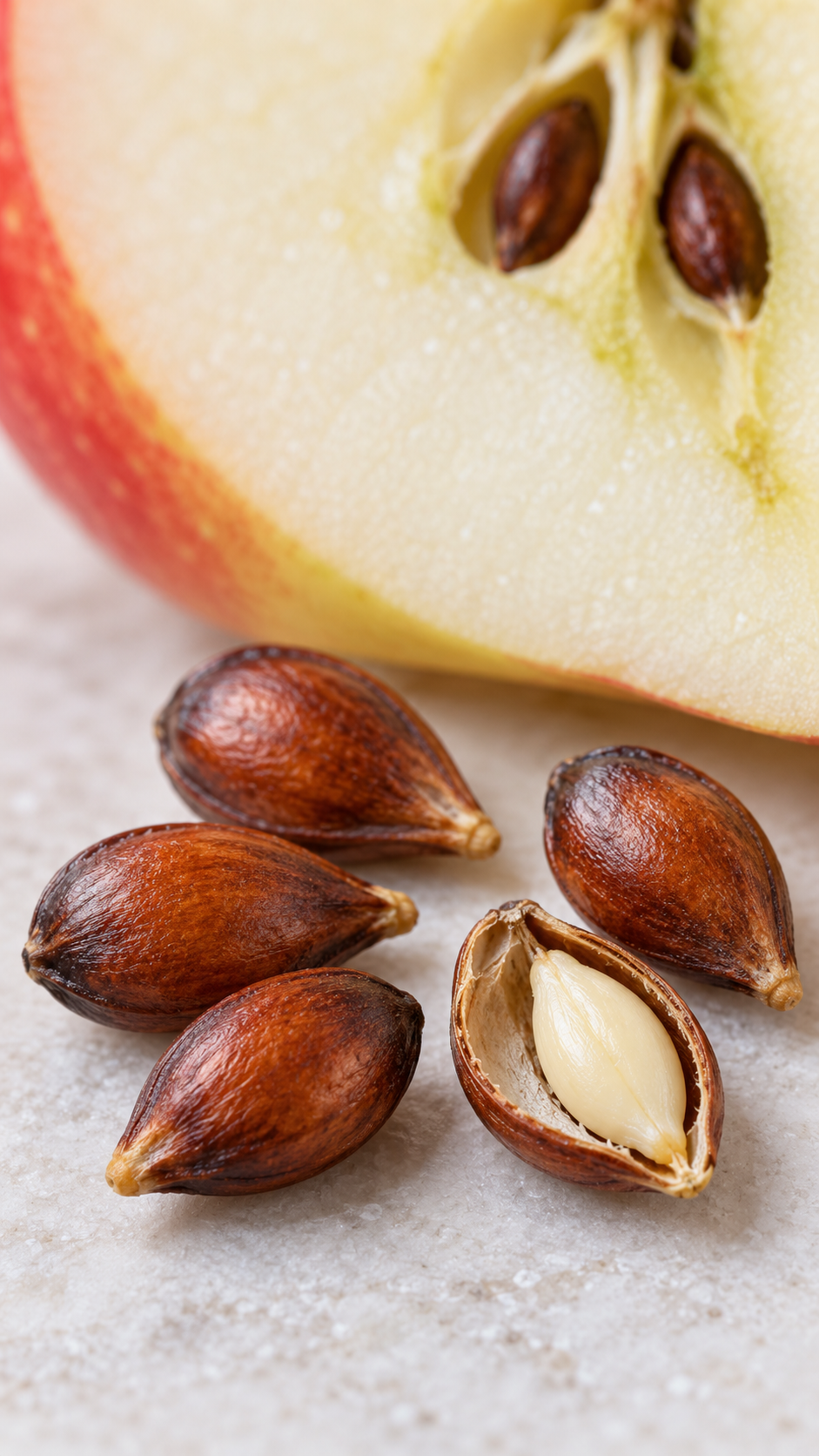 AI-generated close-up illustration of apple seeds; not a photograph or safety guidance.