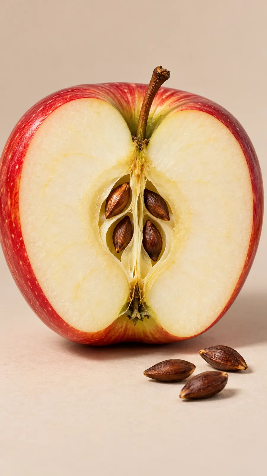 AI-generated illustration of an apple cut open to show seeds; not a documentary photograph.
