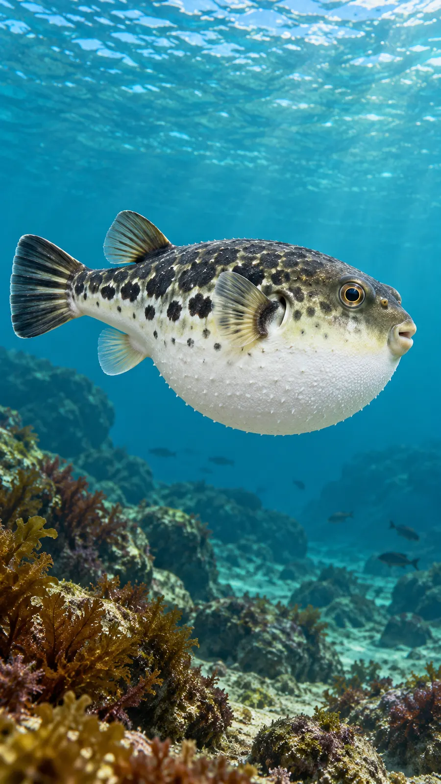 AI-generated naturalistic pufferfish illustration. Origin: OpenAI image generation, 2026-10-25.