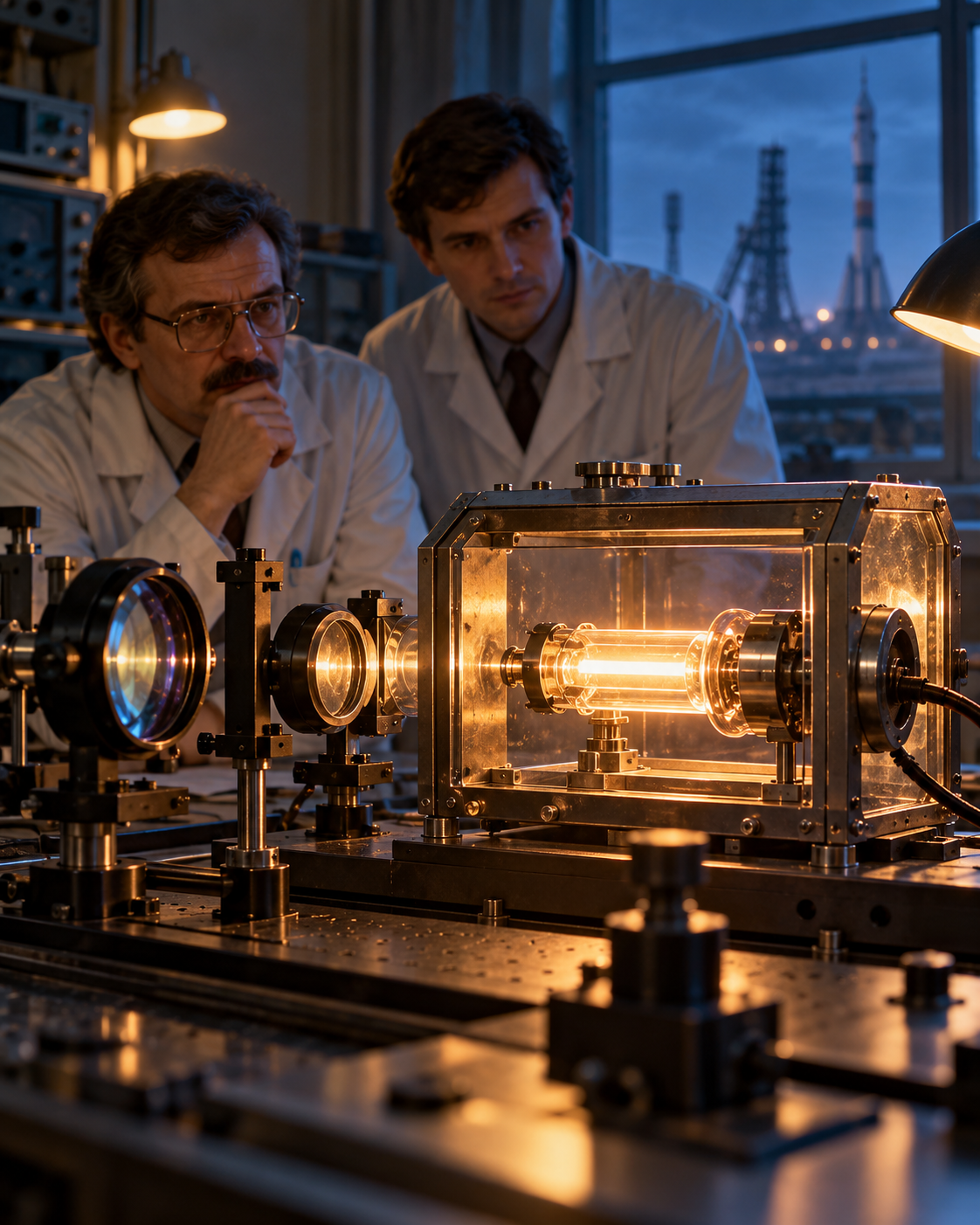 Титульна AI-згенерована ілюстрація / AI-generated cover illustration. Researchers observe a flash-lamp experiment through optical equipment.