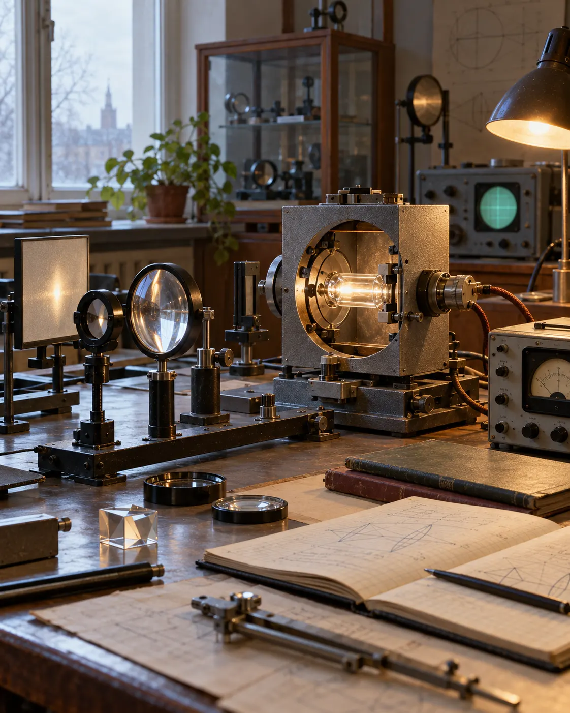 AI-generated still life of period-inspired optical testing equipment and a protected flash lamp.