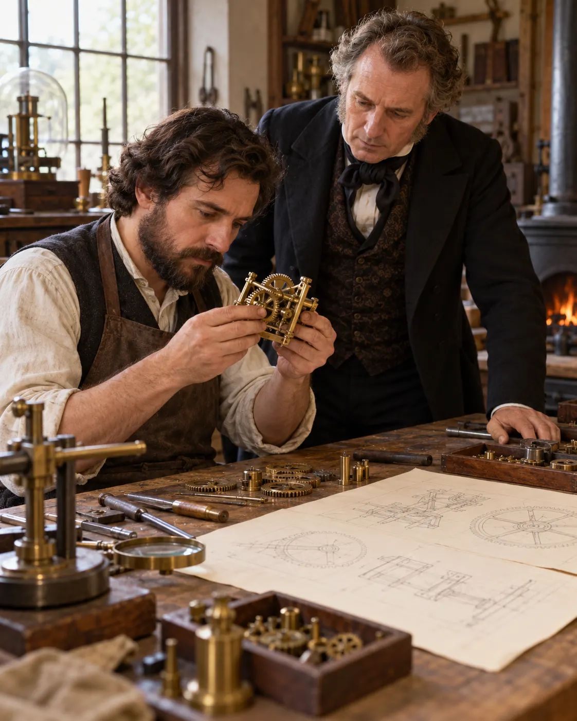 AI-generated with OpenAI image generation. Prompt: “Distinct photorealistic 19th-century mechanical workshop scene about a maker collaborating with an inventor. A craftsperson inspects a small brass gear assembly on a workbench beside blank technical sketches, no weapon, no weapon-shaped mechanism, no ammunition, no violence, no readable writing, no logos. Warm documentary workshop light, portrait 4:5.”