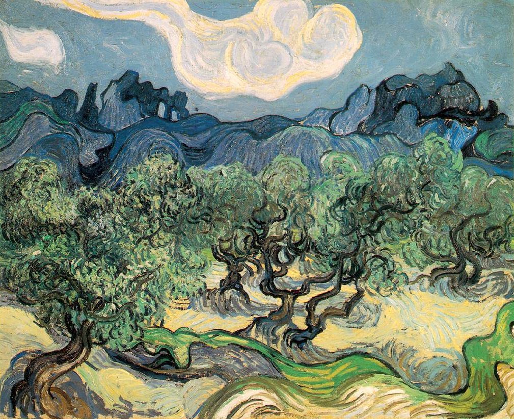 інша картина Ван Гога із серії «Оливкові дерева», колекція Museum of Modern Art, Нью-Йорк; не та картина, у фарбі якої знайшли коника. Автор: Vincent van Gogh. Джерело: https://commons.wikimedia.org/wiki/File:Vincent_van_Gogh_(1853-1890)_-_The_Olive_Trees_(1889).jpg . Wikimedia Commons позначає репродукцію як PD-Art; атрибуція не вимагається, але назву автора й твір зазначено для контексту. Без редагування.