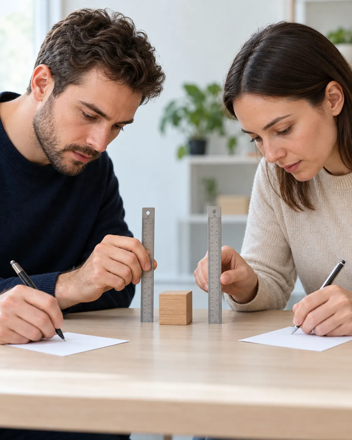 AI-generated scene of two observers independently measuring the same object to illustrate repeatability; no actual record attempt. Prompt: “Photorealistic vertical 4:5 editorial illustration of two independent adult observers measuring the same small wooden object with matching rulers and writing results on separate blank cards, at a bright neutral table. Emphasize repeatable measurement and evidence, not an actual world record. No readable numbers, text, uniforms, logos or branded equipment.” Generated 20 October 2026.
