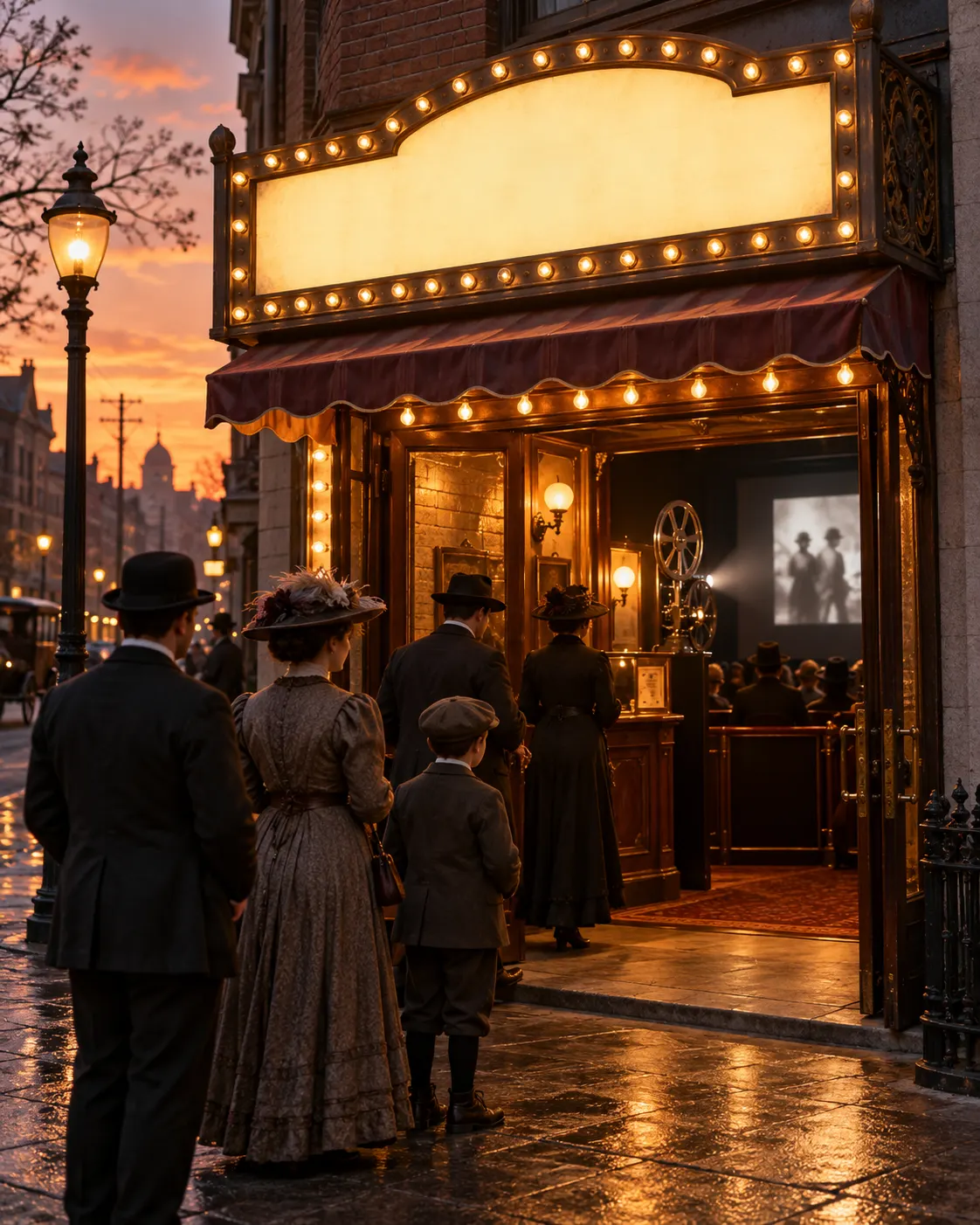 AI-generated symbolic early neighborhood cinema; it does not depict a specific theater or documented street scene.