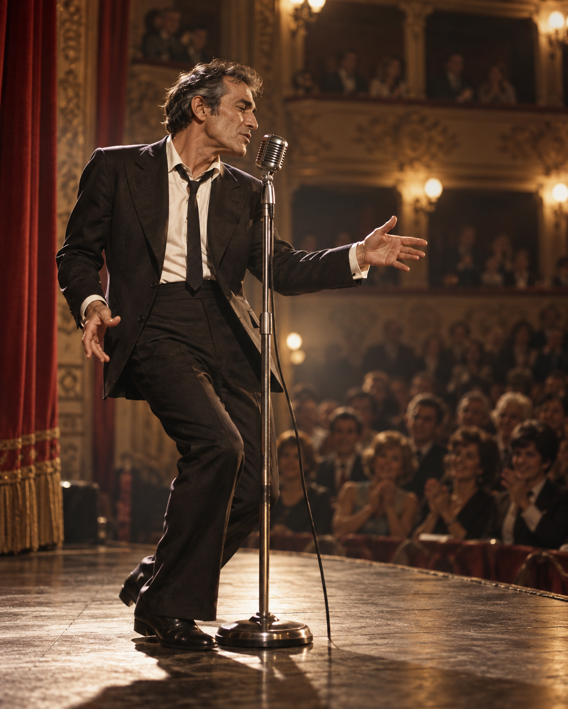 AI-generated symbolic cover of an anonymous Italian singer on a small theater stage; not Adriano Celentano or an archival performance.