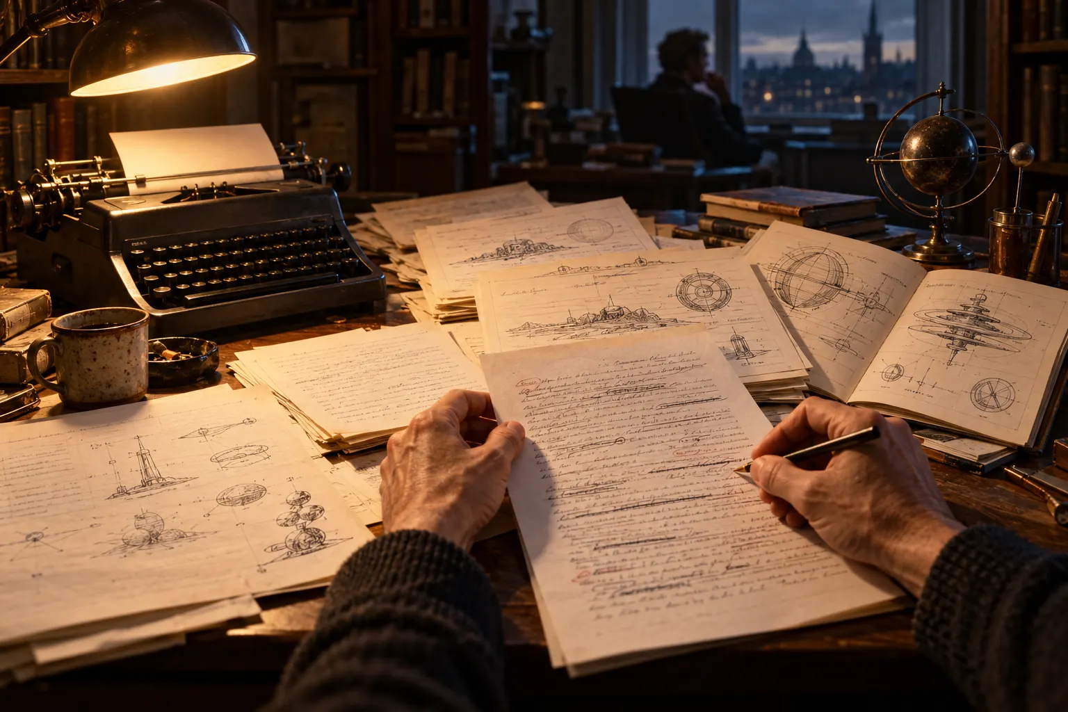 Титульна AI-згенерована ілюстрація / AI-generated cover illustration. A writer revises a manuscript surrounded by drafts and diagrams, suggesting how the work shaped its author as it developed.