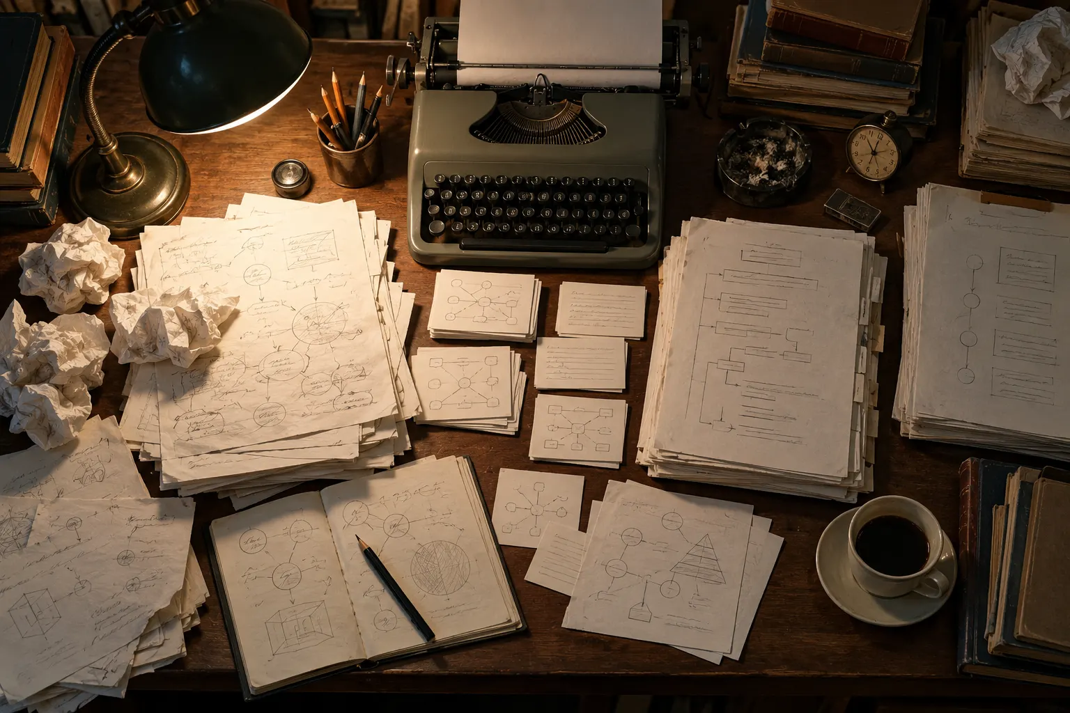 AI-generated overhead view of a typewriter, discarded pages, notes, and a more organized outline, representing a manuscript developing through trial and error.