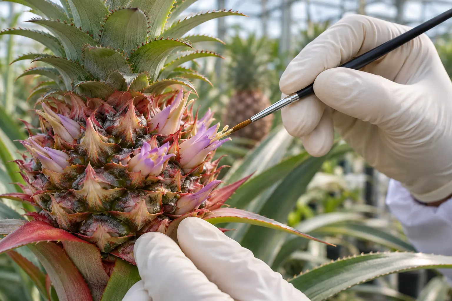 AI-generated hand pollination scene. Origin: OpenAI image generation; generated 2026-10-28. Prompt: Photorealistic close-up editorial photograph of pineapple flowers being hand-pollinated with a fine artist brush by a horticultural breeder wearing simple gloves, plant flower and tool in focus, botanical greenhouse, natural daylight, science illustration of controlled pollination, no text, labels, logos, watermark, or collage; generic illustrative process, not an actual study image.