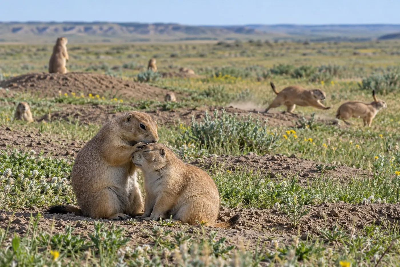 Prairie dogs groom after a greeting while another pair chases in the background.