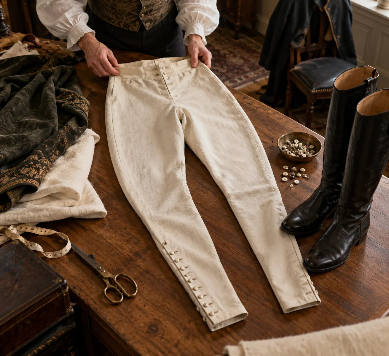 AI-generated supplementary illustration. Top-down still-life of fitted pantaloons, buttons, and tall boots; imagined period objects, not surviving artifacts.
