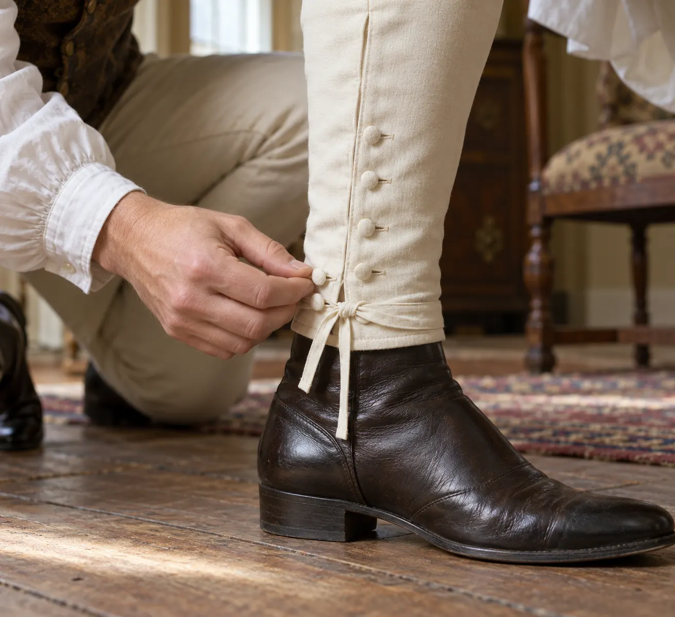AI-generated supplementary illustration. Close view of button and tie fastenings above a boot; conceptual garment reconstruction.