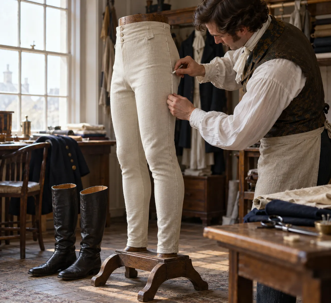 AI-generated supplementary illustration. Early-1800s tailor checks slim pantaloons on a fitting stand; conceptual reconstruction.