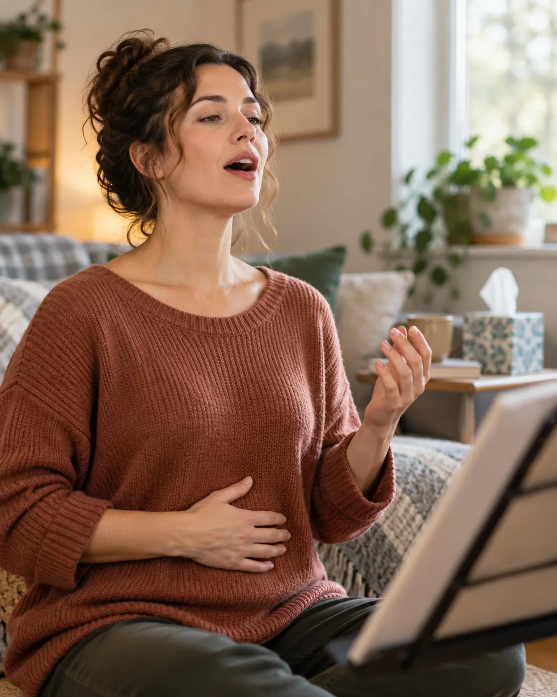 AI-generated illustration of an adult vocal warm-up, created for related fact 2127 on 2026-10-25 and reused as a general vocal-activity image; it does not depict a clinical therapy session or its outcome. Prompt/provenance: `fact-publications/fact-2127/media.md`.