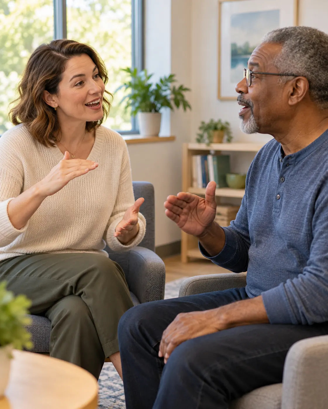 AI-generated cover illustration of a speech-language therapist guiding an adult through rhythmic speech practice; illustrative, not a documentary image or clinical evidence.