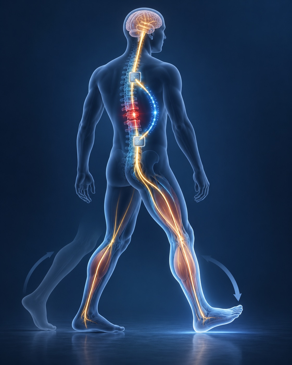 AI-generated conceptual medical-science illustration of an implanted brain–spine interface relaying movement intent around a spinal cord injury. It is not a photograph, scan, medical-device rendering, or depiction of the study participant. Prompt: “Conceptual educational medical-science illustration, not documentary: a neutral human silhouette with simplified brain and spinal cord, two small implanted electrode arrays connected by a luminous digital bridge that routes a movement signal around a highlighted spinal injury, subtle leg motion icons. Do not depict a real patient, surgical scene, actual device model, or measured data. No labels, text, or watermark. Clean museum-science illustration, vertical 4:5 composition.” Generated 2026-10-29; no external factual or documentary role.